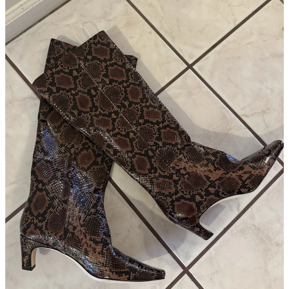 NWOB Antonio Melani Brown Python Snake Print Patent Leather‎ Boots Zip Sz 8M